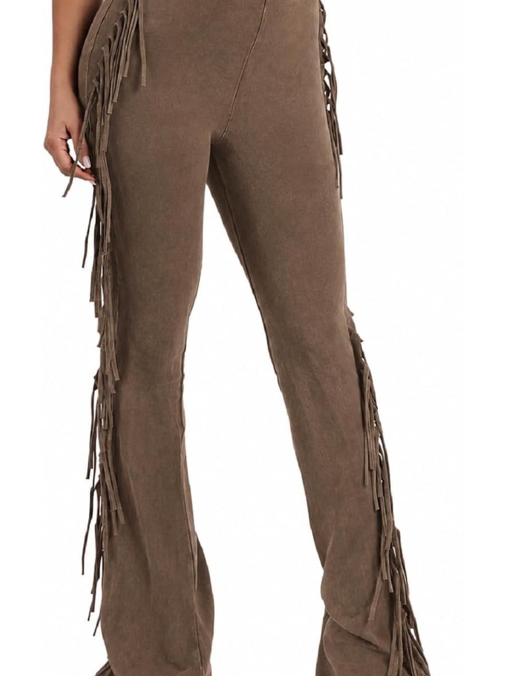 Fringed Brown Suede-Look Flared Pants